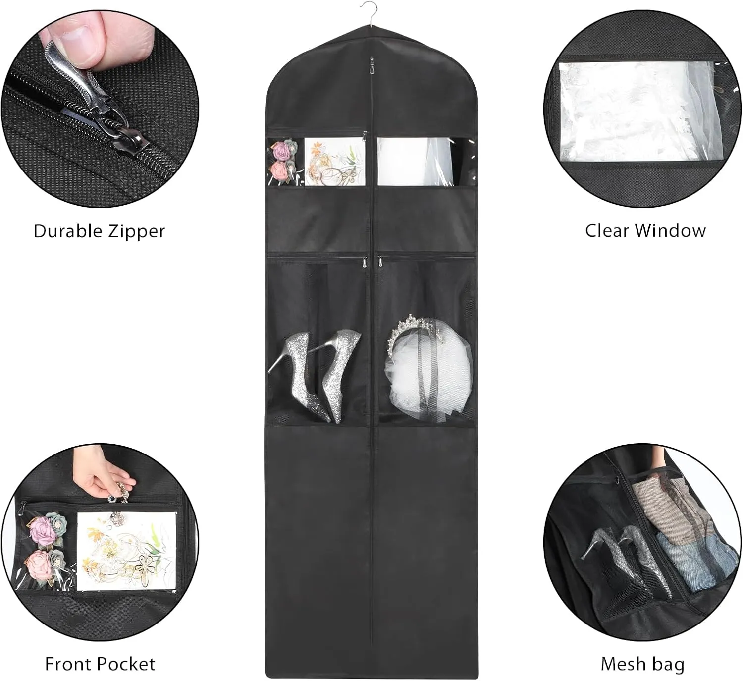 Univivi Wedding Dress Garment Bag, 72 Inch Trifold Bridal Dress Bags for Gowns with 12'' Gusseted and Accessory Pockets, Wedding Dress Bag for Travel and Closet Storage (Black)