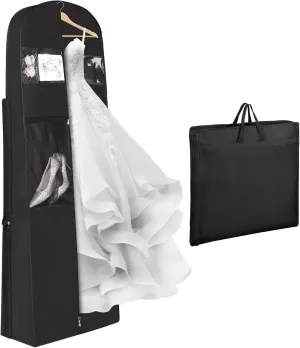 Univivi Wedding Dress Garment Bag, 72 Inch Trifold Bridal Dress Bags for Gowns with 12'' Gusseted and Accessory Pockets, Wedding Dress Bag for Travel and Closet Storage (Black)