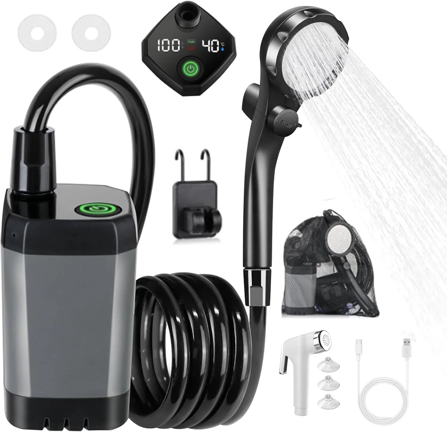 Upgrade Portable Camping Shower, 6000mAh Rechargeable Electric Shower Pump with Intelligent Digital, Waterproof Shower Pump with Handbag, Filtered Shower Head for Camp, Hiking, Car Washing, Pet Bath