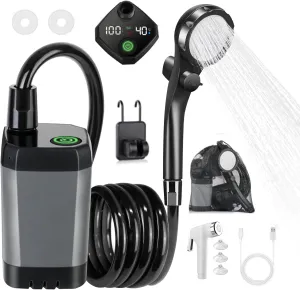 Upgrade Portable Camping Shower, 6000mAh Rechargeable Electric Shower Pump with Intelligent Digital, Waterproof Shower Pump with Handbag, Filtered Shower Head for Camp, Hiking, Car Washing, Pet Bath