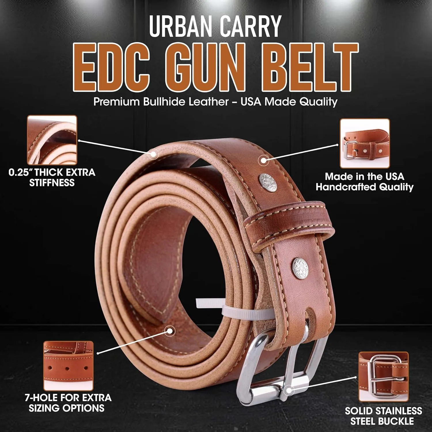 Urban Carry Premium EDC Belt - USA Made Bullhide Leather Concealed Carry Holster Belt | Single-Ply 1.5" Wide | Tactical CCW