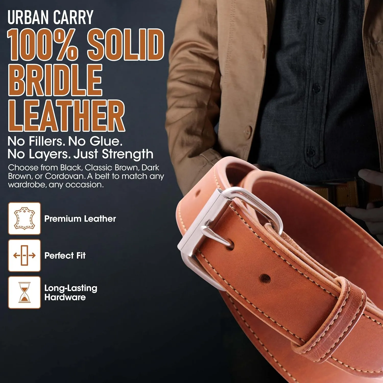 Urban Carry Premium EDC Belt - USA Made Bullhide Leather Concealed Carry Holster Belt | Single-Ply 1.5" Wide | Tactical CCW