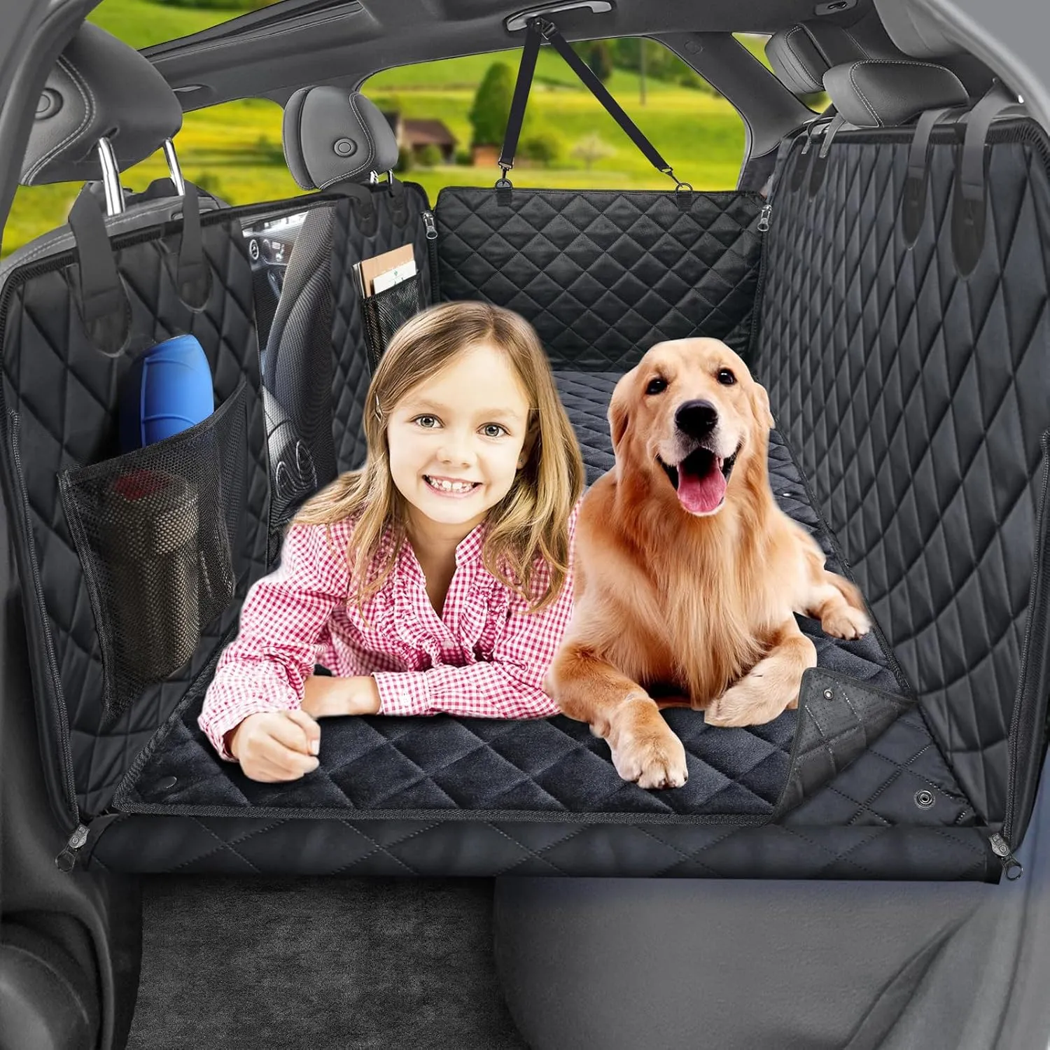 URPOWER Back Seat Extender for Dogs - Hard Bottom Dog Car Seat Cover with Removable Blanket Non-Slip Dog Hammock for Cars, SUVs & Small Trucks, Waterproof Pet Backseat Protector Dogs Car Travel Bed