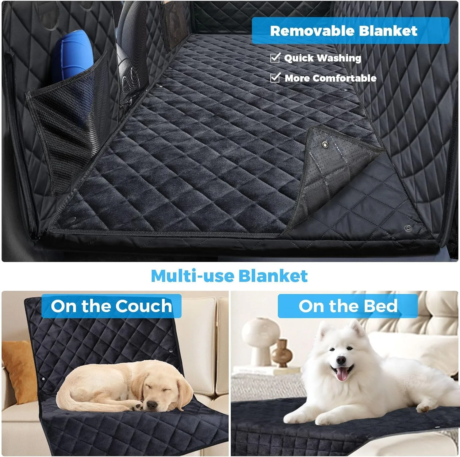 URPOWER Back Seat Extender for Dogs - Hard Bottom Dog Car Seat Cover with Removable Blanket Non-Slip Dog Hammock for Cars, SUVs & Small Trucks, Waterproof Pet Backseat Protector Dogs Car Travel Bed