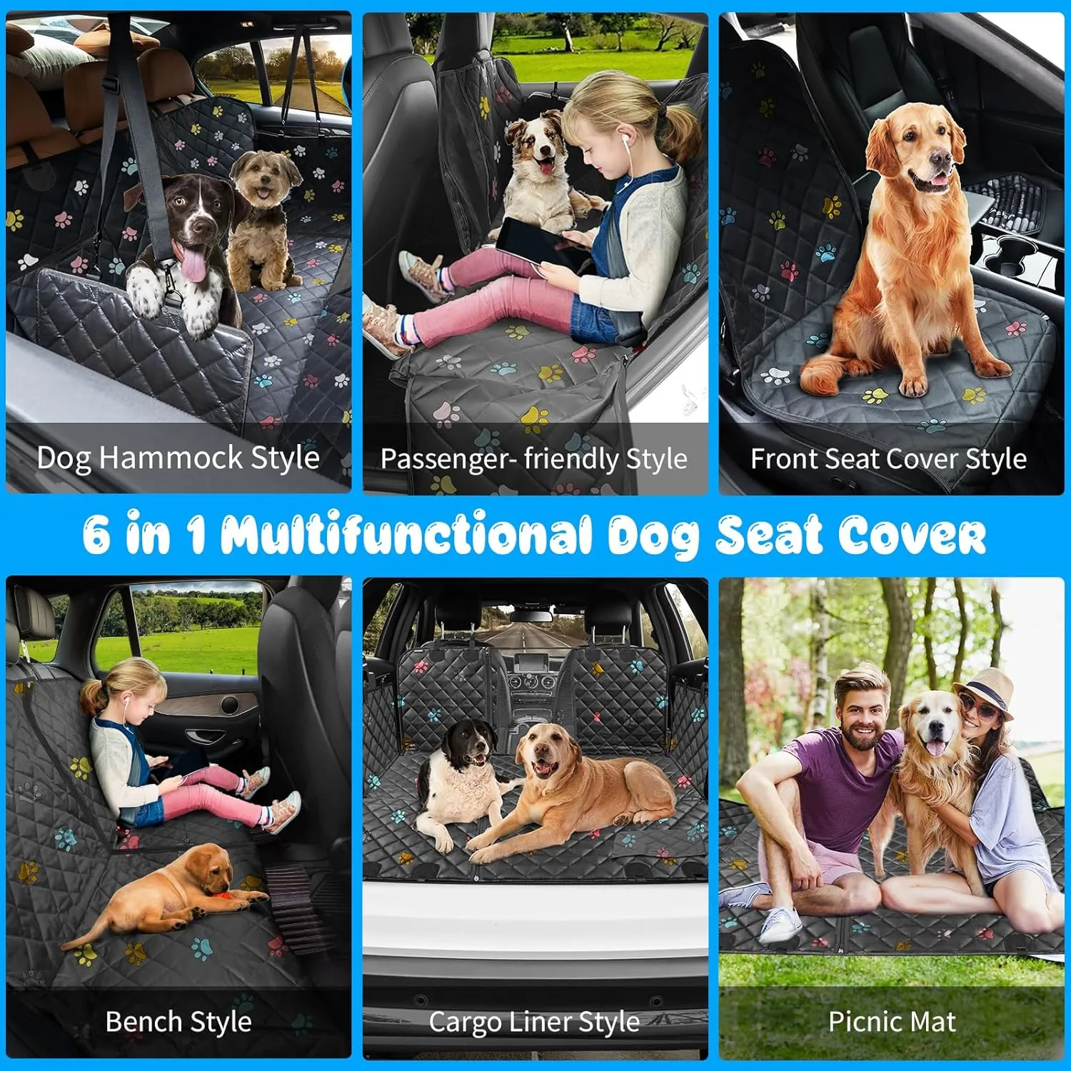 URPOWER Dog Car Seat Cover, Waterproof Dog Hammock, 6-in-1 Seat Protector for Cars, SUVs, Trucks, Universal Fit, Colored Paw Prints