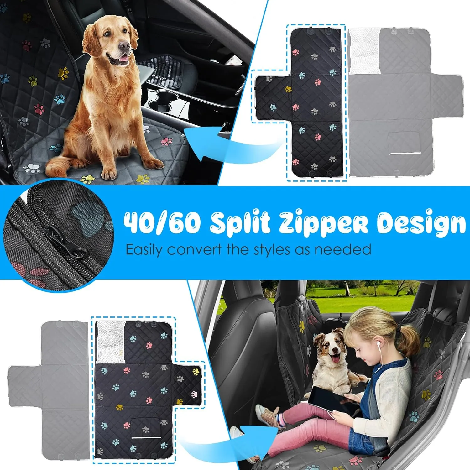 URPOWER Dog Car Seat Cover, Waterproof Dog Hammock, 6-in-1 Seat Protector for Cars, SUVs, Trucks, Universal Fit, Colored Paw Prints