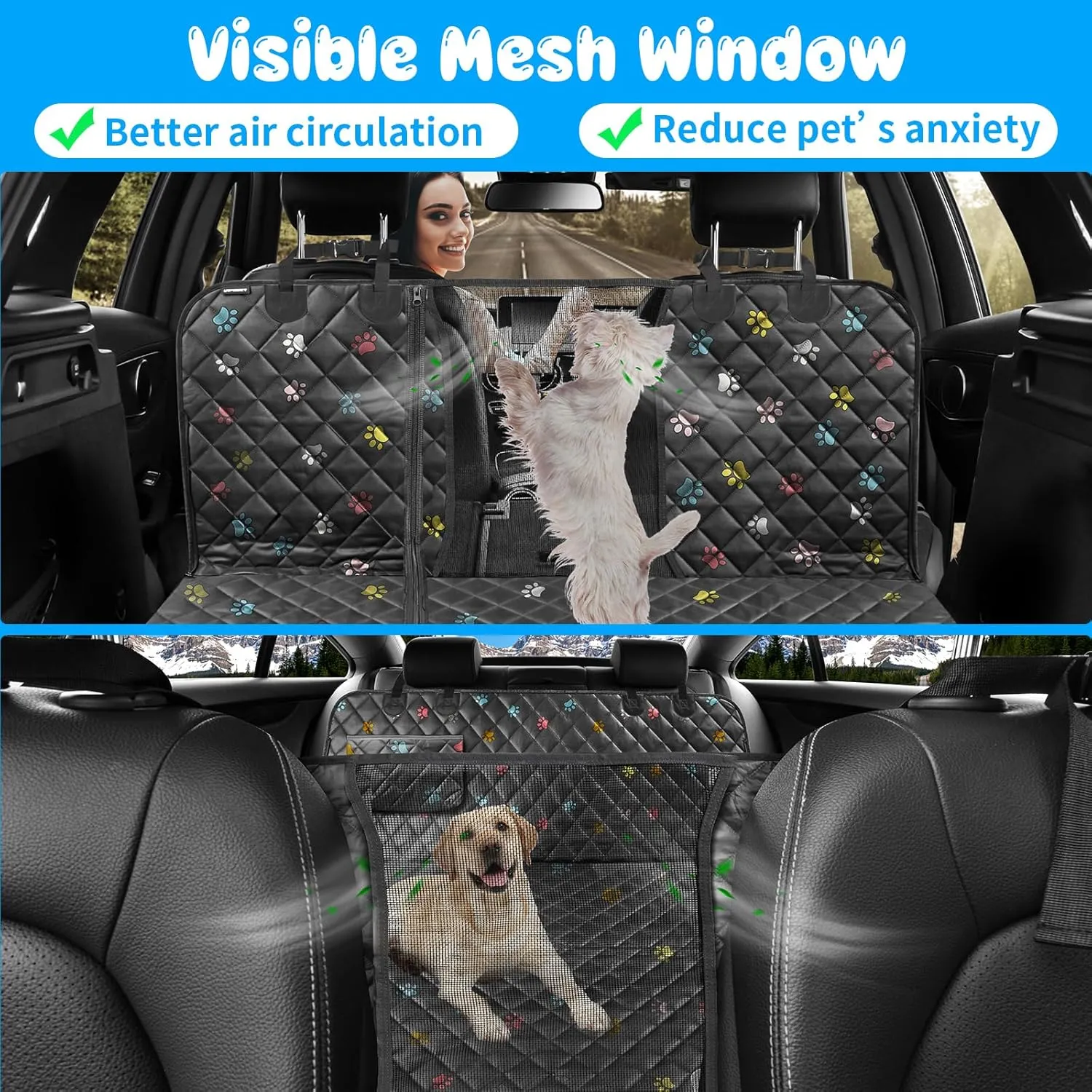 URPOWER Dog Car Seat Cover, Waterproof Dog Hammock, 6-in-1 Seat Protector for Cars, SUVs, Trucks, Universal Fit, Colored Paw Prints