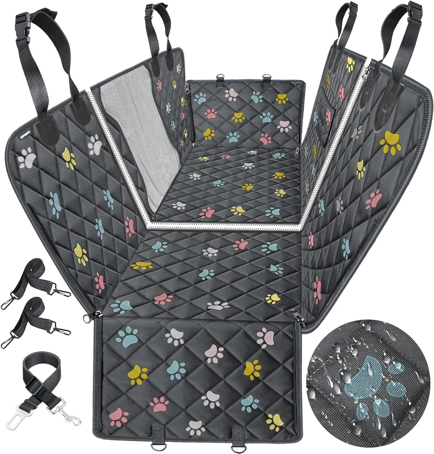 URPOWER Dog Car Seat Cover, Waterproof Dog Hammock, 6-in-1 Seat Protector for Cars, SUVs, Trucks, Universal Fit, Colored Paw Prints