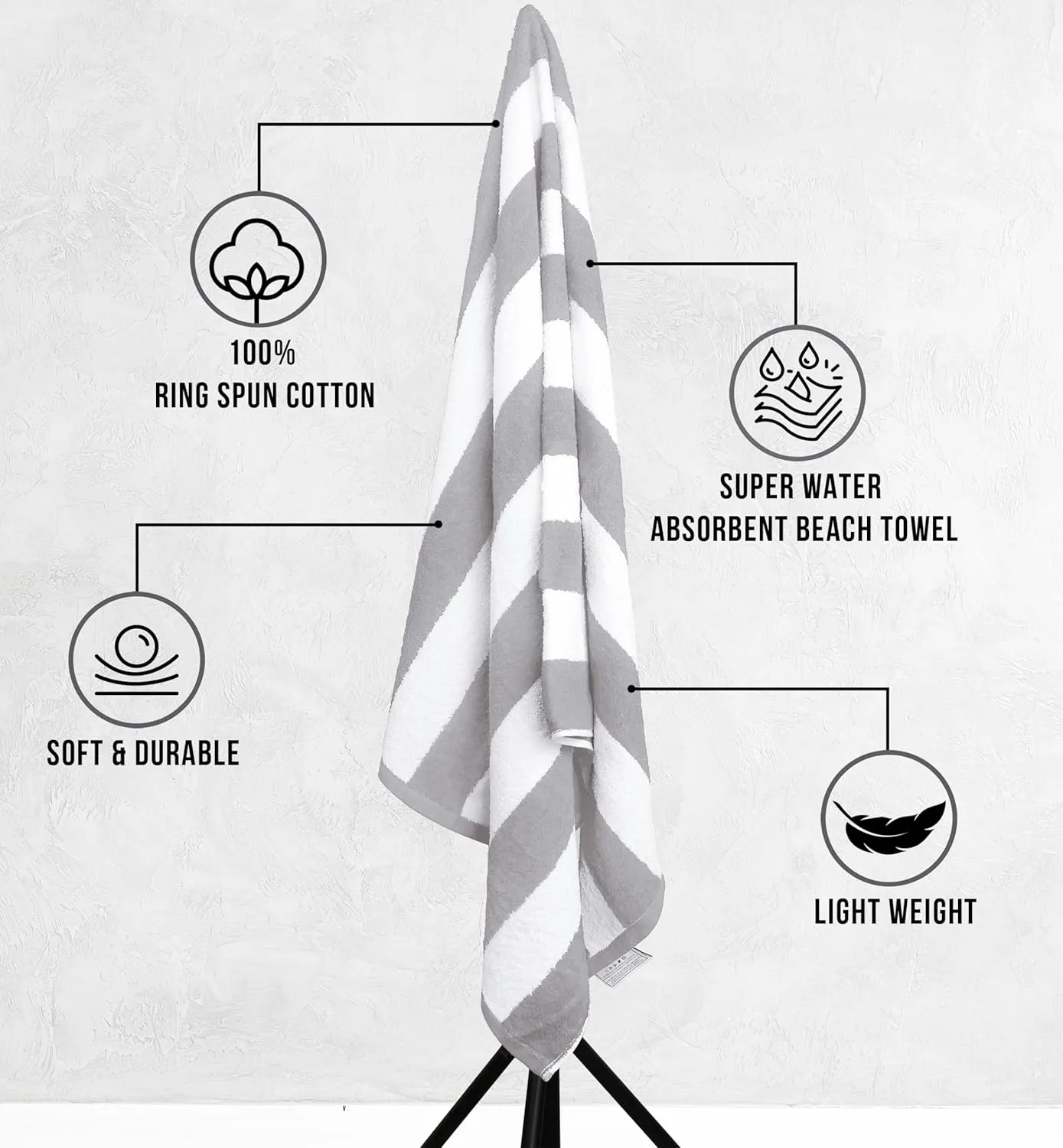 Utopia Towels Cabana Stripe Beach Towel, Oversized 100% Ringspun Cotton Pool Towels, Highly Absorbent Bath Towels for Bathroom (Red, Navy, Grey & Plum, 30X60 Inch - 4 Pack)