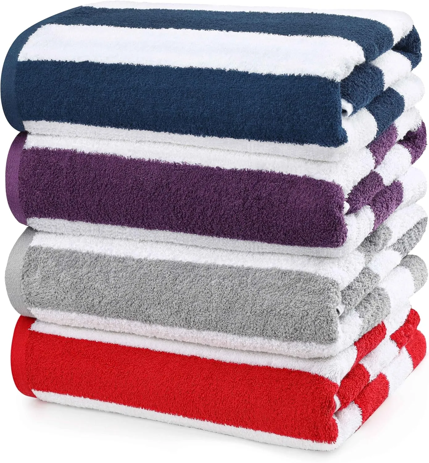 Utopia Towels Cabana Stripe Beach Towel, Oversized 100% Ringspun Cotton Pool Towels, Highly Absorbent Bath Towels for Bathroom (Red, Navy, Grey & Plum, 30X60 Inch - 4 Pack)