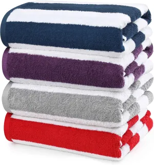 Utopia Towels Cabana Stripe Beach Towel, Oversized 100% Ringspun Cotton Pool Towels, Highly Absorbent Bath Towels for Bathroom (Red, Navy, Grey & Plum, 30X60 Inch - 4 Pack)