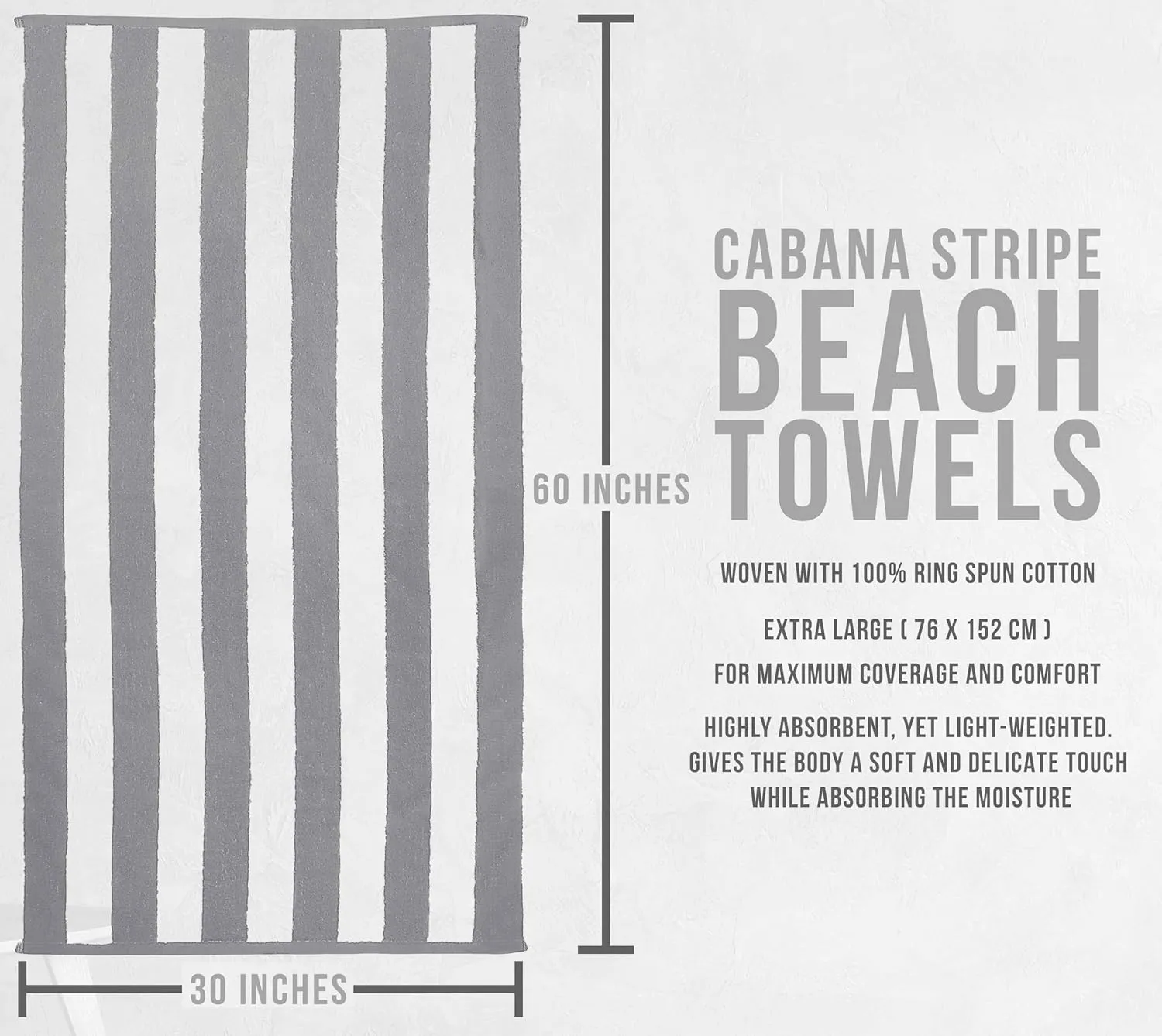 Utopia Towels Cabana Stripe Beach Towels, 30 x 60 Inches - Large Pool Towels (Bulk Pack of 24, Grey)