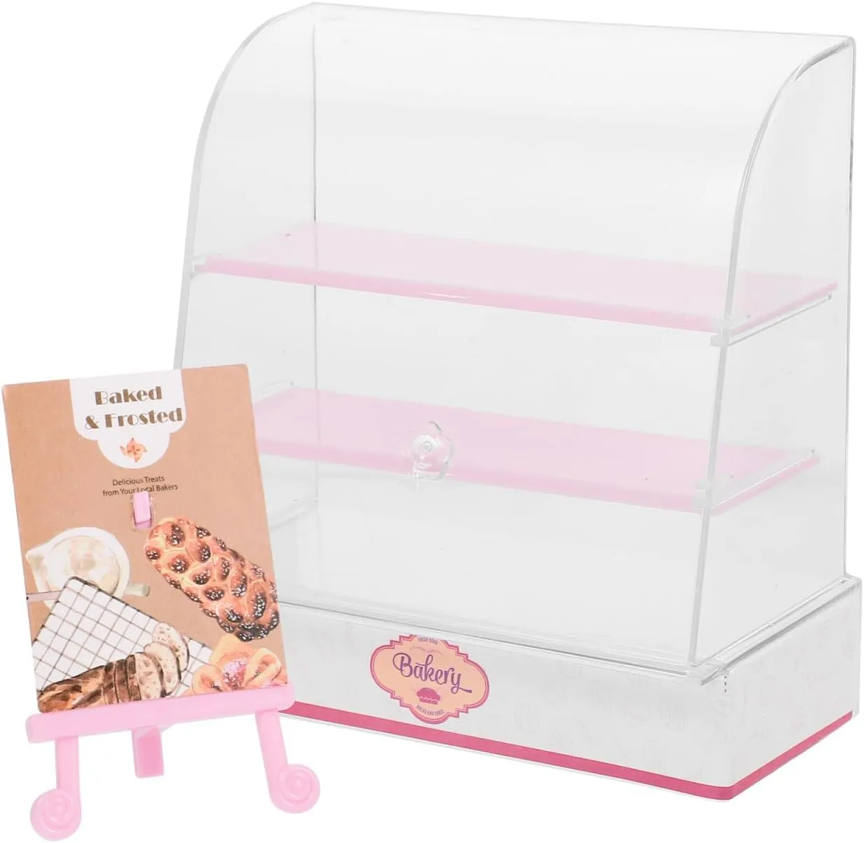 Vaguelly Miniature Bakery Cabinet Miniature Bakery Case Dollhouse Cake Bread Stand Mini Food Display Cabinet Model Dessert Display Cabinet with Sliding Door for Dollhouse Store Pink
