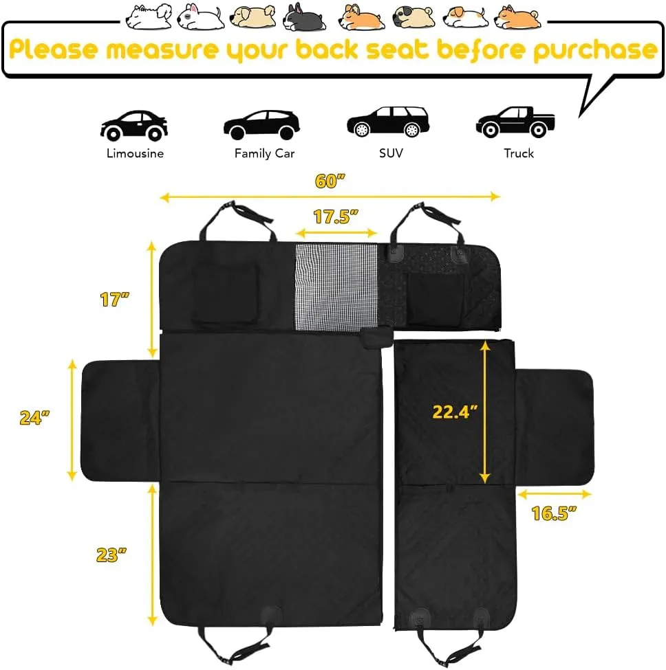 Vailge 6 in 1 Dog Car Seat Cover for Back Seat, 60/40 Split 100% Waterproof Dog Car Seat Covers with Mesh Window, Scratch Prevent Antinslip Dog Car Hammock, Large