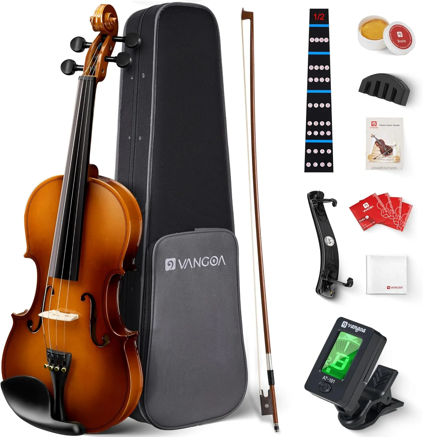 Vangoa Violin 1/2 Size Set Fiddle, Handcrafted Half Size Starter Acoustic Violins Kit with Solid Wood Side Board, Lightweight Hard Case for Beginners Learners, Children, Kids, Adults, Right Handed