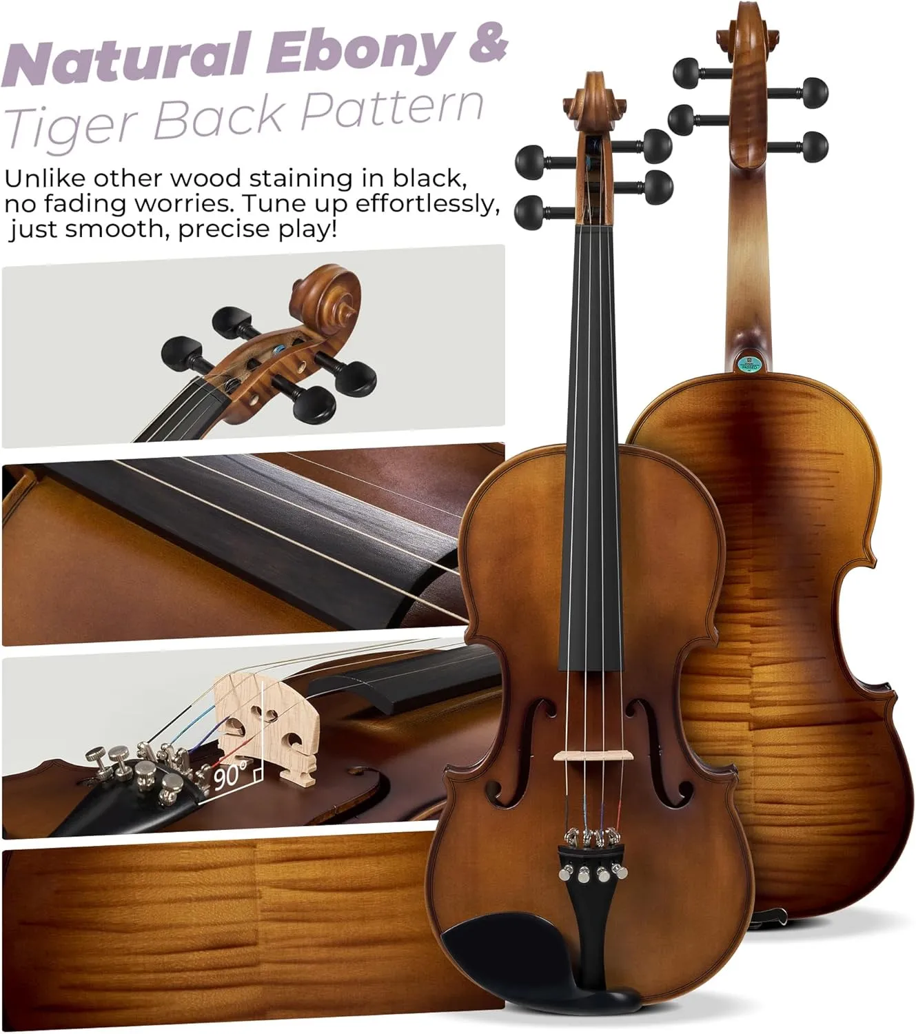 Vangoa Violin 4/4 Full Set Size, Fiddle Solid Spruce Wood Tiger Pattern for Professional Advanced Intermediate Beginners Adults Student Starter Acoustic Violins Kit Outfit Ebony Fittings, Hard Case
