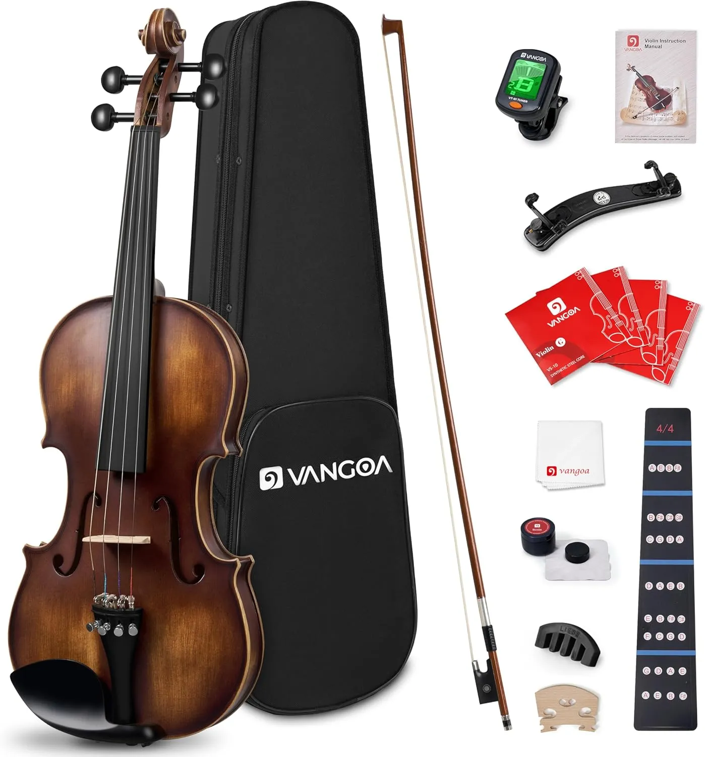Vangoa Violin 4/4 Full Size Set, Varnish Fiddle Solid Wood for Professional Adults Senior Intermediate Beginners Student Starter Acoustic Violins Kit Outfit with Ebony Fitted, Hard Case, Right Handed