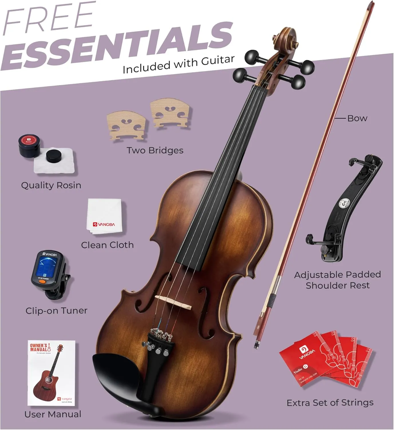 Vangoa Violin 4/4 Full Size Set, Varnish Fiddle Solid Wood for Professional Adults Senior Intermediate Beginners Student Starter Acoustic Violins Kit Outfit with Ebony Fitted, Hard Case, Right Handed