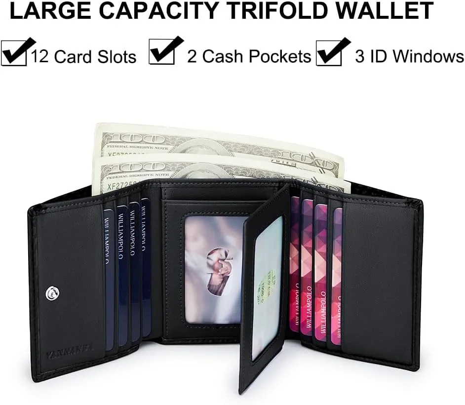 VANNANBA 2023 New Mens Trifold Leather Wallet with Folded ID Windows,12 Card Slots & 2 Note pockets(carbon black)