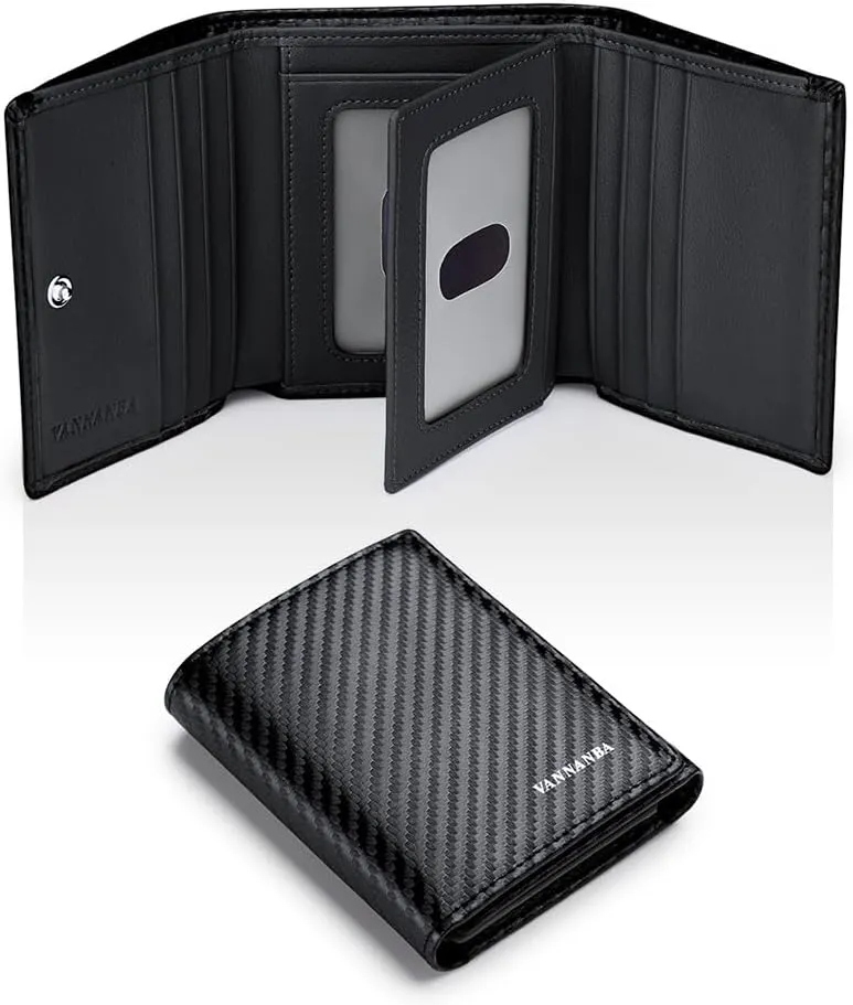 VANNANBA 2023 New Mens Trifold Leather Wallet with Folded ID Windows,12 Card Slots & 2 Note pockets(carbon black)