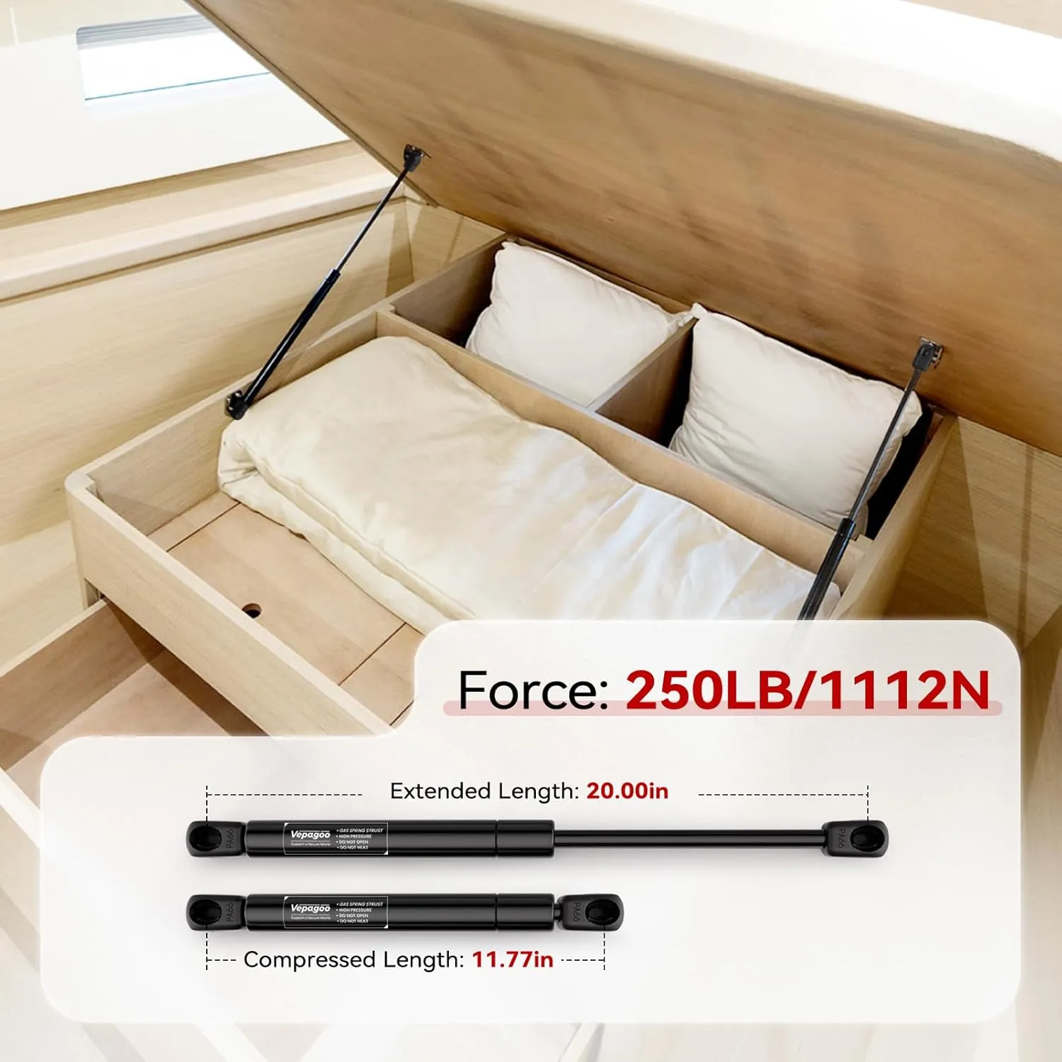 Vepagoo ST200M1-250 Gas Struts 20 Inch 250lb/1112N Shock Spring Lift Support for RV Bed Heavy Lid Truck Cover Camper Trailer Door Mattress Storage Boat Hatch,Set of 2