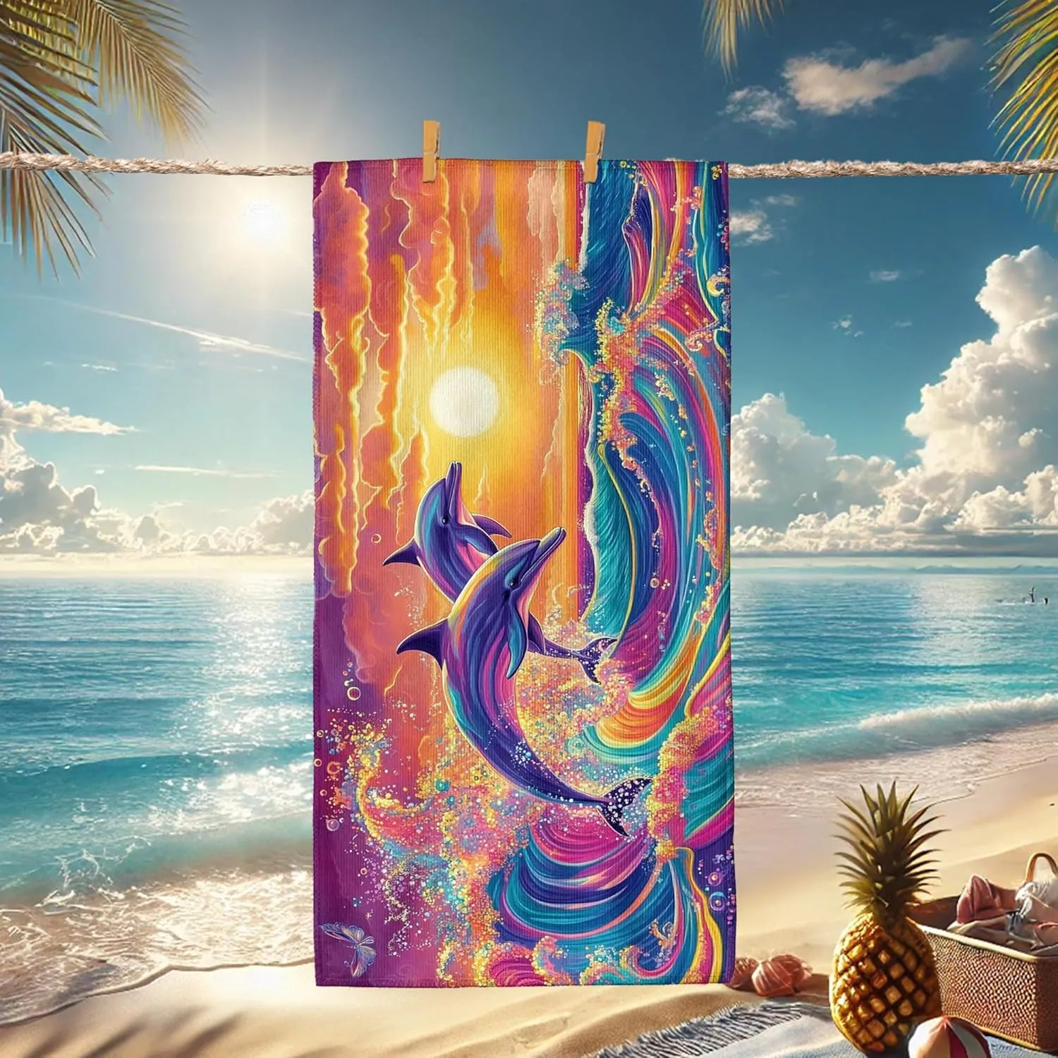Vibrant Dolphin Microfiber Beach Towel Colorful Ocean Waves Towel, Quick Dry Absorbent Soft Sand Free Lightweight Beach Blanket, Summer Outdoor Pool Picnic Essentials 62x31 Inch