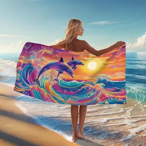 Vibrant Dolphin Microfiber Beach Towel Colorful Ocean Waves Towel, Quick Dry Absorbent Soft Sand Free Lightweight Beach Blanket, Summer Outdoor Pool Picnic Essentials 62x31 Inch
