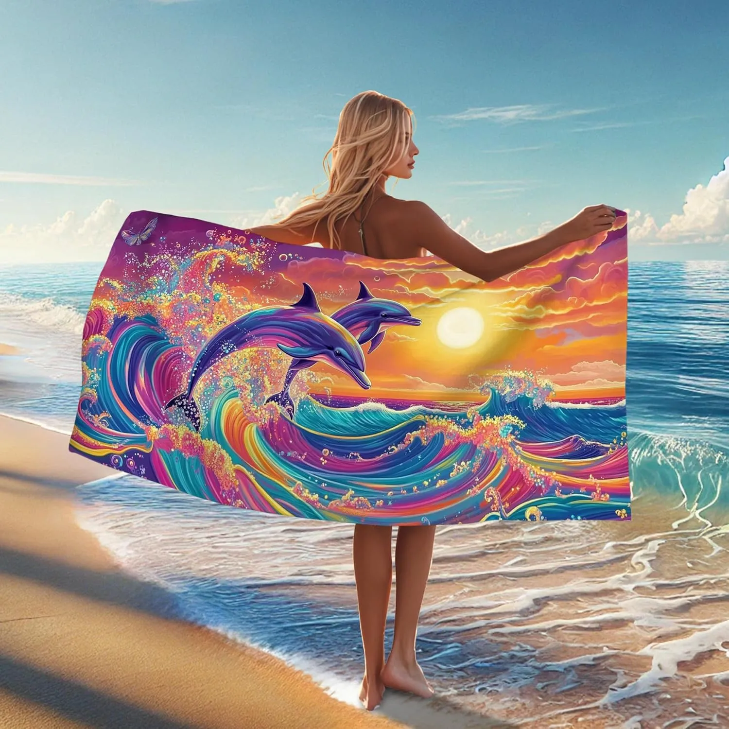 Vibrant Dolphin Microfiber Beach Towel Colorful Ocean Waves Towel, Quick Dry Absorbent Soft Sand Free Lightweight Beach Blanket, Summer Outdoor Pool Picnic Essentials 62x31 Inch