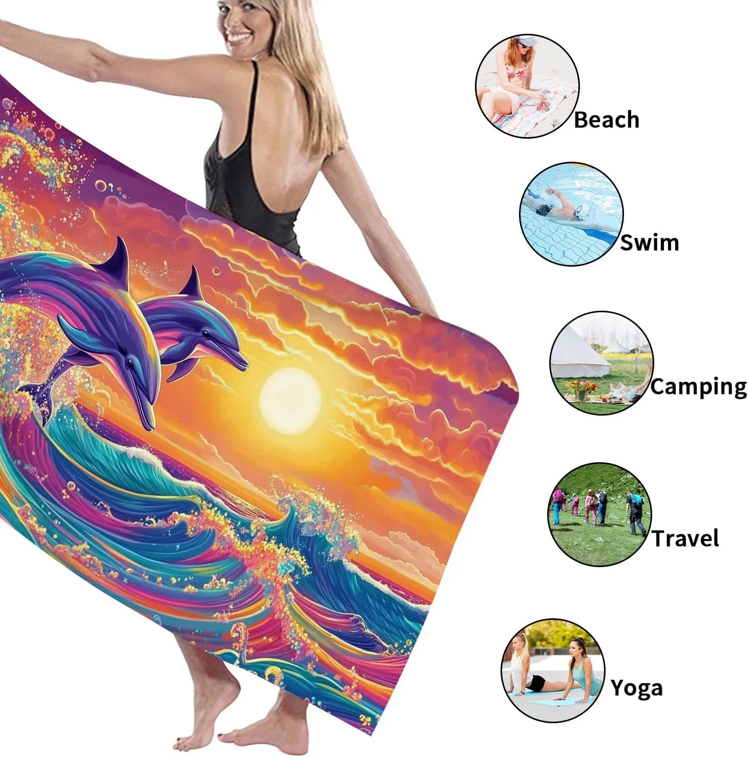 Vibrant Dolphin Microfiber Beach Towel Colorful Ocean Waves Towel, Quick Dry Absorbent Soft Sand Free Lightweight Beach Blanket, Summer Outdoor Pool Picnic Essentials 62x31 Inch