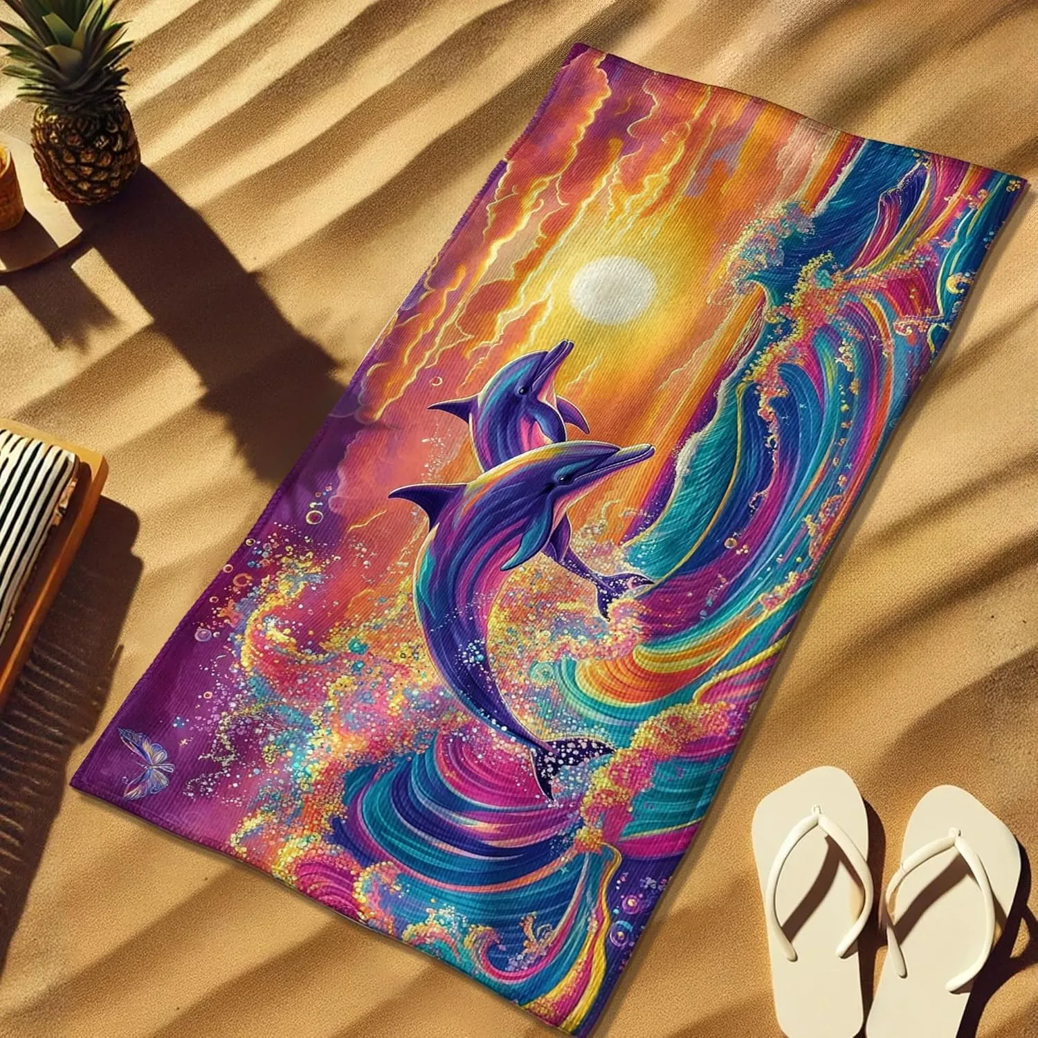 Vibrant Dolphin Microfiber Beach Towel Colorful Ocean Waves Towel, Quick Dry Absorbent Soft Sand Free Lightweight Beach Blanket, Summer Outdoor Pool Picnic Essentials 62x31 Inch