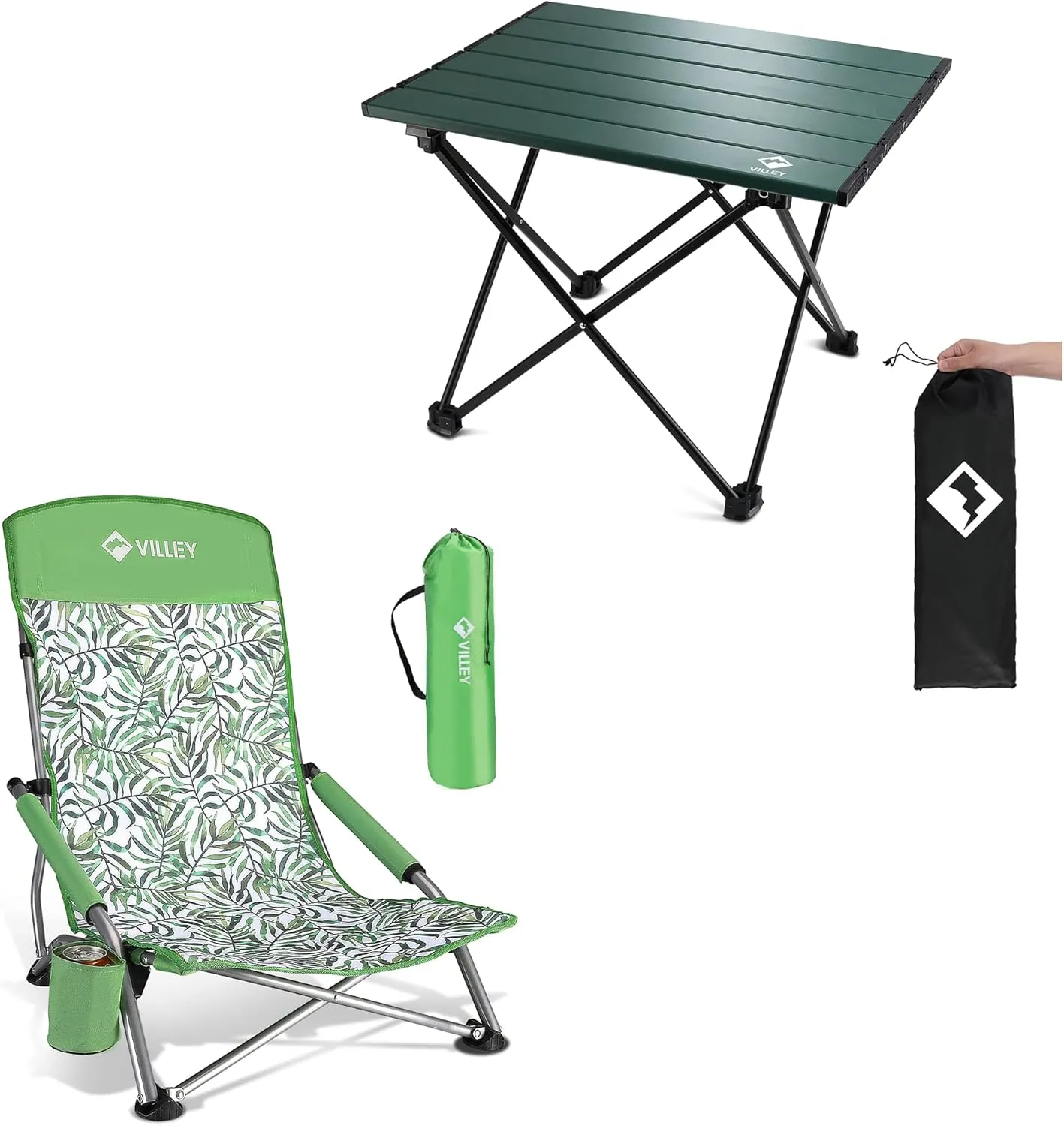 VILLEY Portable Camping Side Table and High Back Low Beach Chair