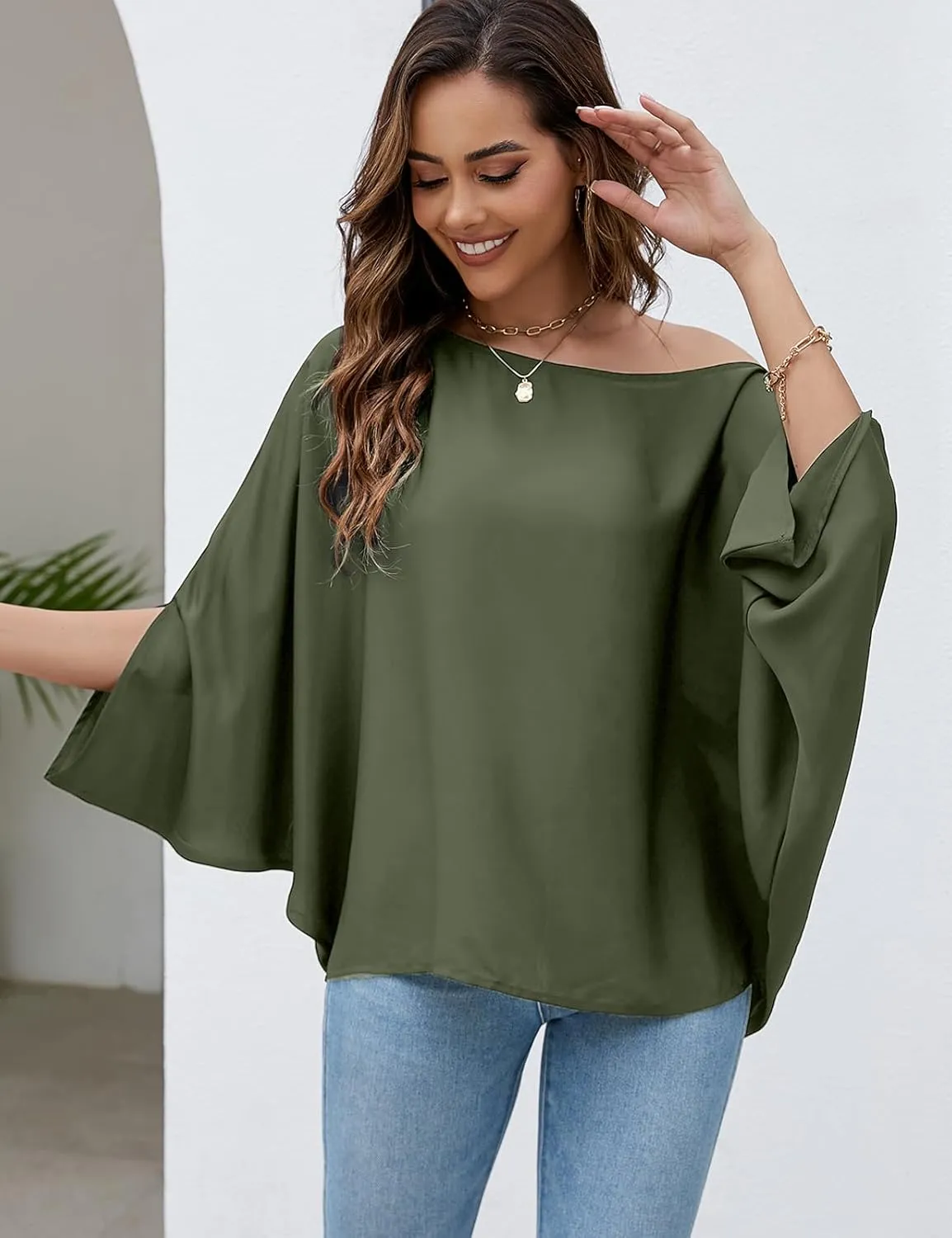 VIMPUNEC Womens Off The Shoulder Flowy Tops Casual Batwing Sleeves Blouses Loose Chiffon Shirts