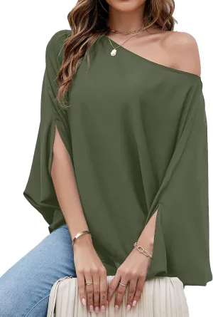VIMPUNEC Womens Off The Shoulder Flowy Tops Casual Batwing Sleeves Blouses Loose Chiffon Shirts