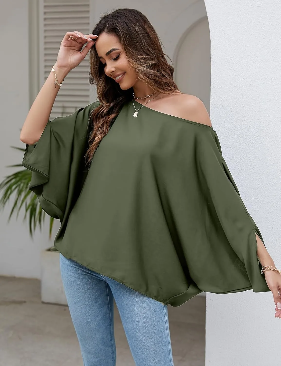 VIMPUNEC Womens Off The Shoulder Flowy Tops Casual Batwing Sleeves Blouses Loose Chiffon Shirts