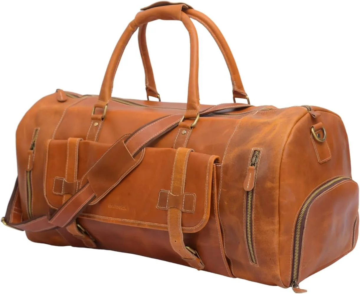 Vintage Duffel Travel Bag for Men/Women and Travel pure Leather Bag,Airplane Luggage,Sports Gym,Carry-With Shoe Compartment (Brown, 20 Inches)