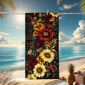 Vintage Floral Microfiber Beach Towel Large Black Flower Print Bath Towel, Quick Dry Absorbent Soft Sand Free Lightweight Beach Blanket, Vacation Pool Outdoor Picnic Essentials 70x35 Inch