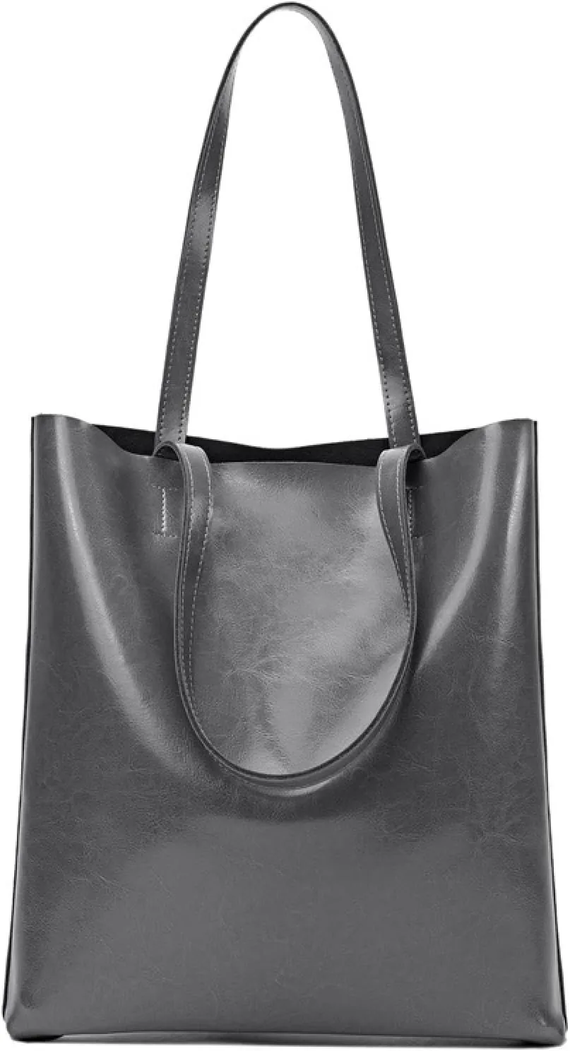 Vintage Large Capacity Waxed Cowhide Vertical Shoulder Tote Bag | Premium Genuine Leather Versatile High-end Handbag