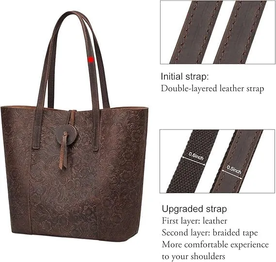 Vintage Leather Tote Bag, Large Shoulder Purse Handbag, Brown