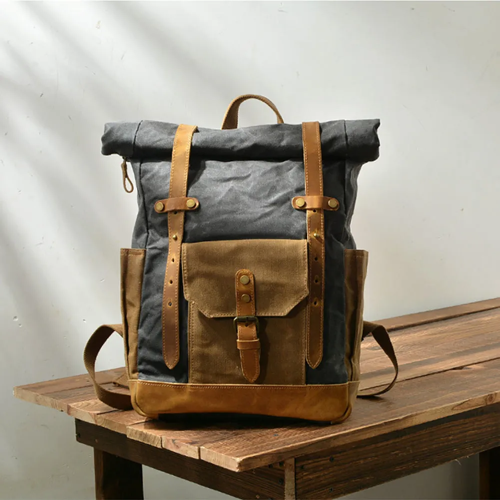Vintage Men Rucksack Canvas Genuine Leather Travel Schoolbag Laptop Backpack