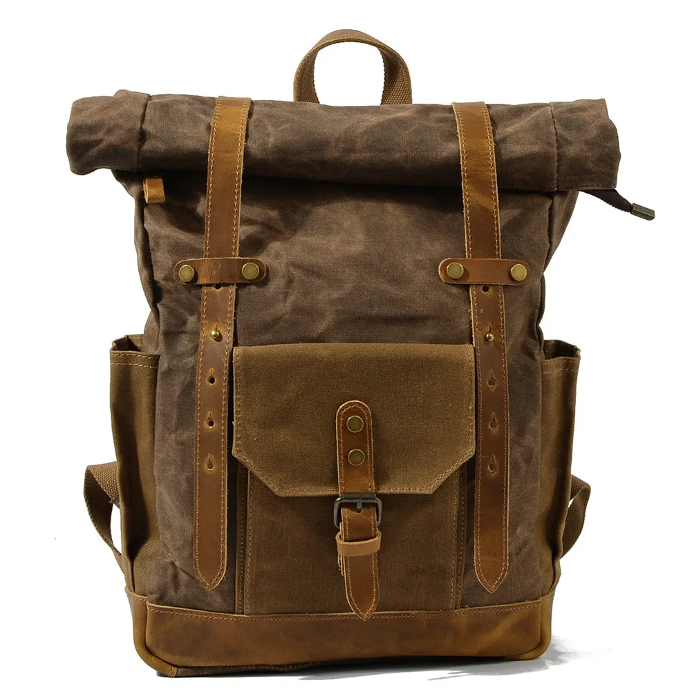 Vintage Men Rucksack Canvas Genuine Leather Travel Schoolbag Laptop Backpack