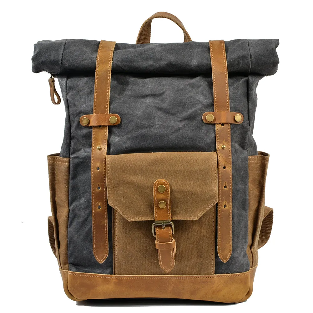Vintage Men Rucksack Canvas Genuine Leather Travel Schoolbag Laptop Backpack