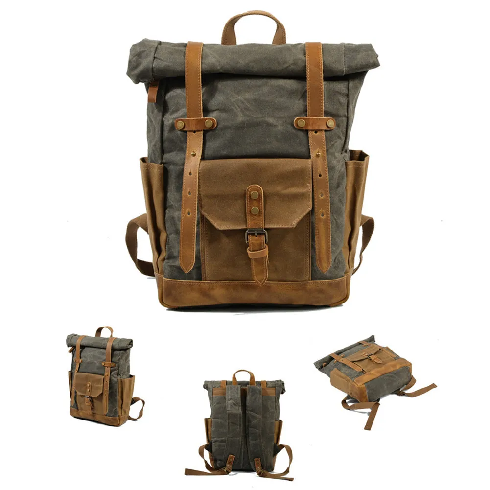 Vintage Men Rucksack Canvas Genuine Leather Travel Schoolbag Laptop Backpack