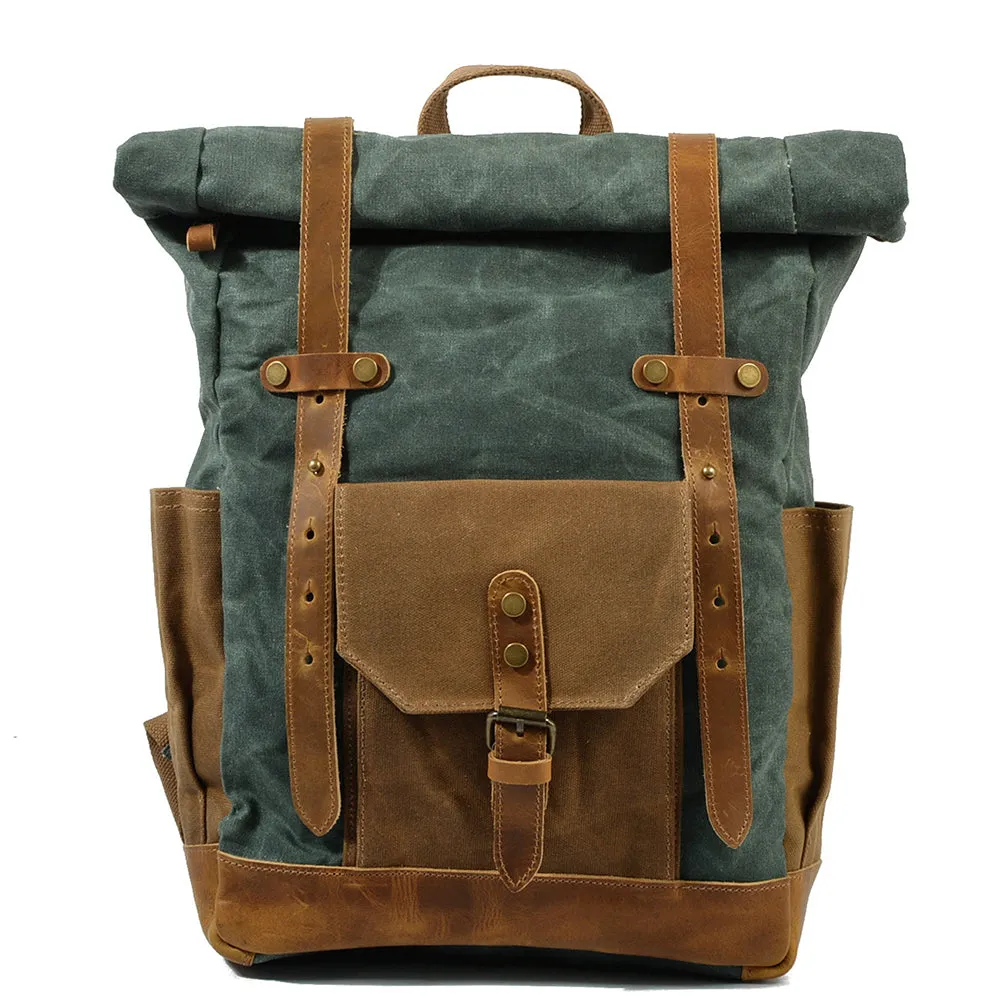 Vintage Men Rucksack Canvas Genuine Leather Travel Schoolbag Laptop Backpack