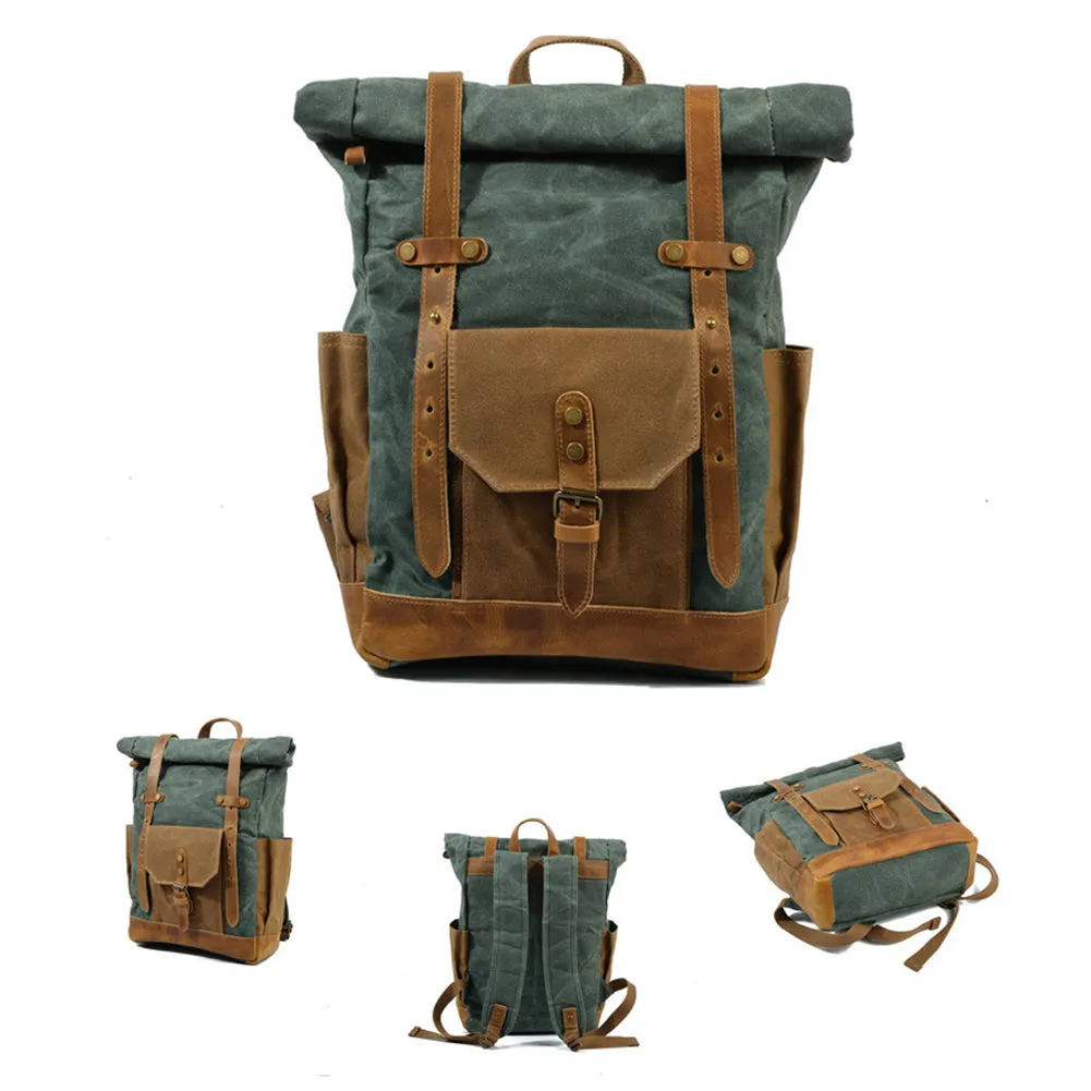Vintage Men Rucksack Canvas Genuine Leather Travel Schoolbag Laptop Backpack