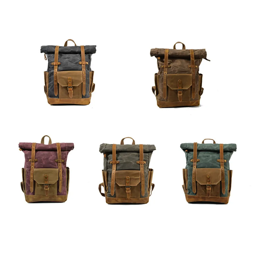 Vintage Men Rucksack Canvas Genuine Leather Travel Schoolbag Laptop Backpack