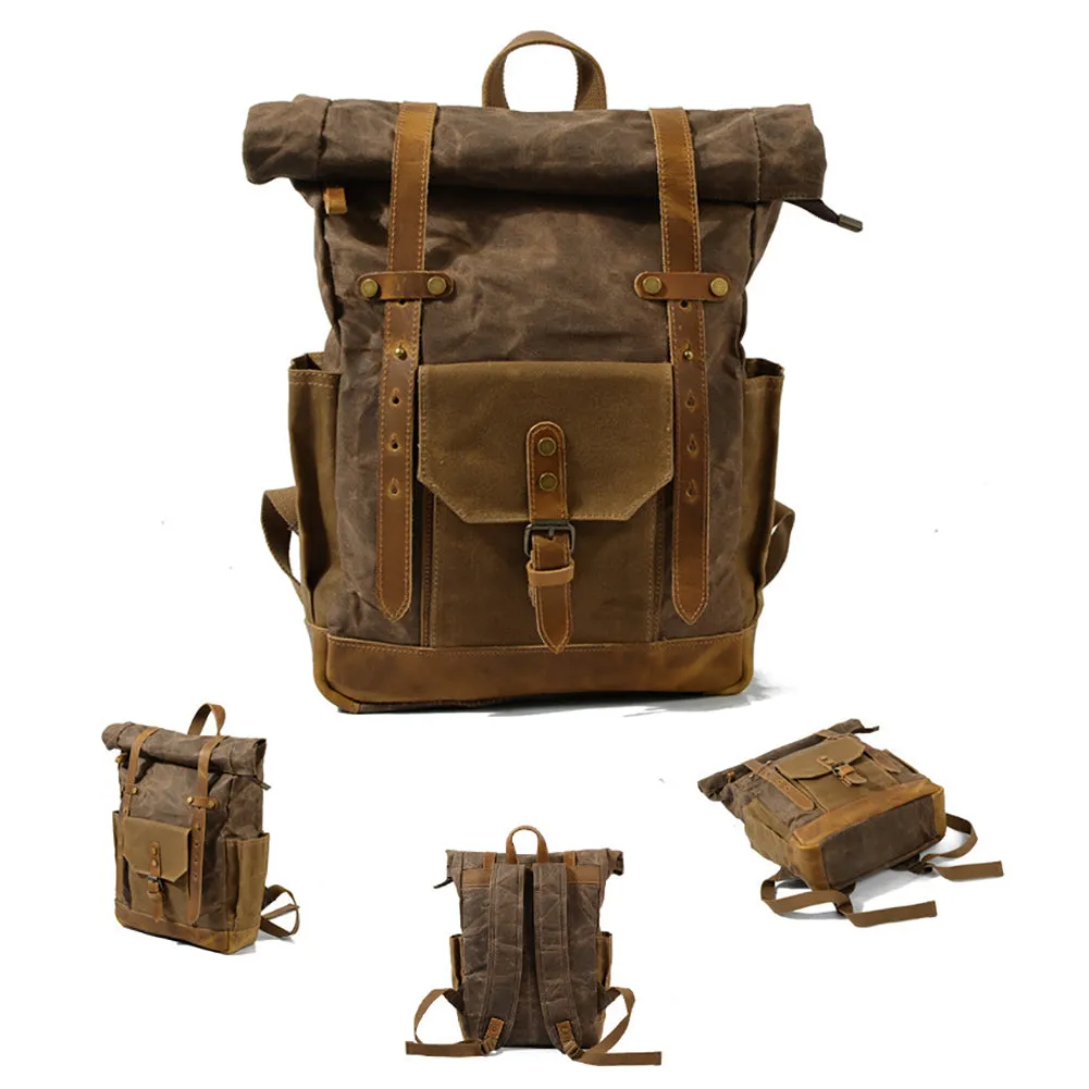 Vintage Men Rucksack Canvas Genuine Leather Travel Schoolbag Laptop Backpack