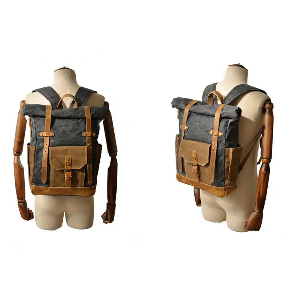 Vintage Men Rucksack Canvas Genuine Leather Travel Schoolbag Laptop Backpack