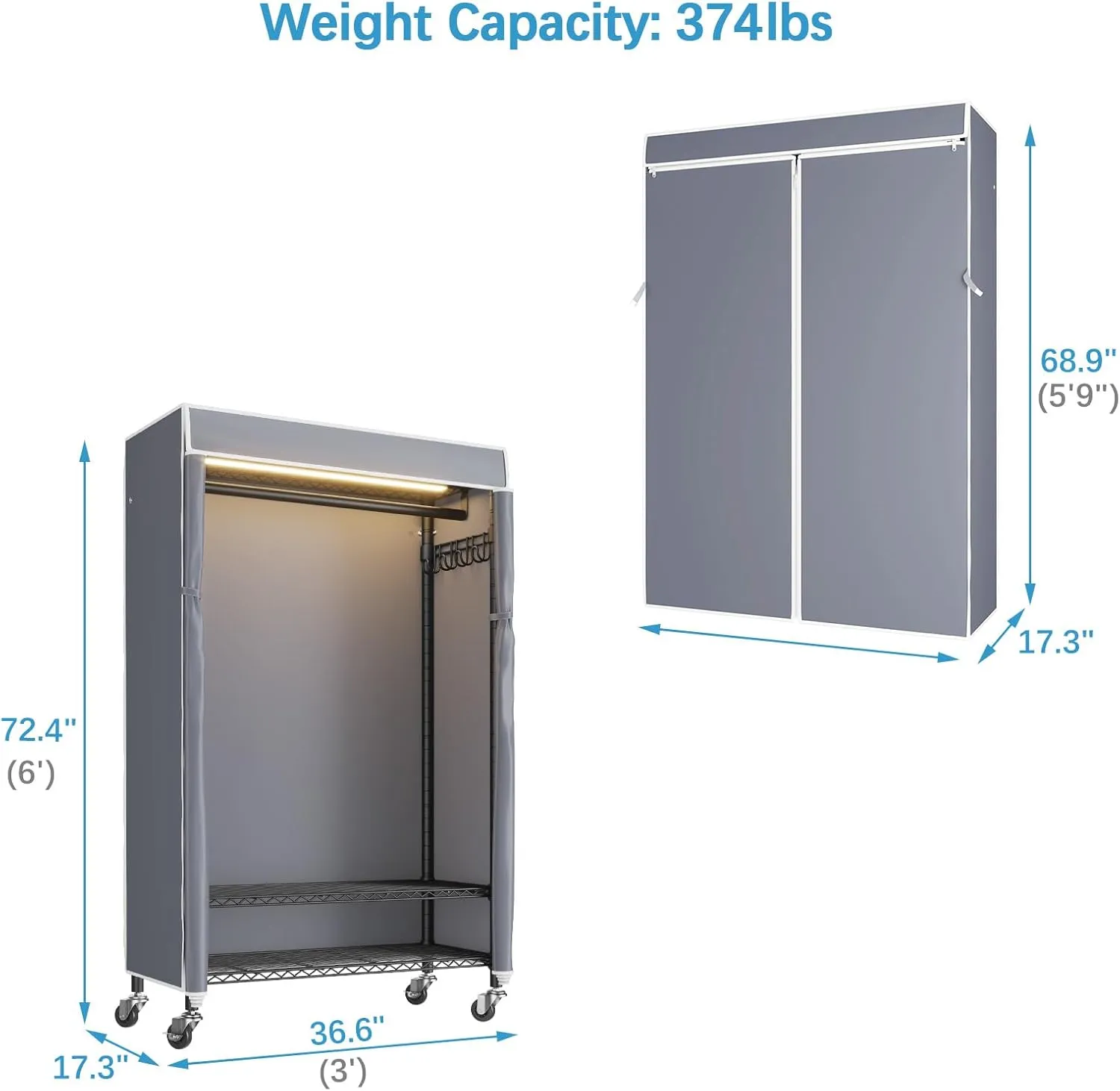 VIPEK R1LC Clothes Rack with Cover, Heavy Duty Garment Rack with Dimmable LED Lights, Rolling Portable Closet for Hanging Clothes Metal Clothing Rack with Wheels, Black Rack with Grey Cover