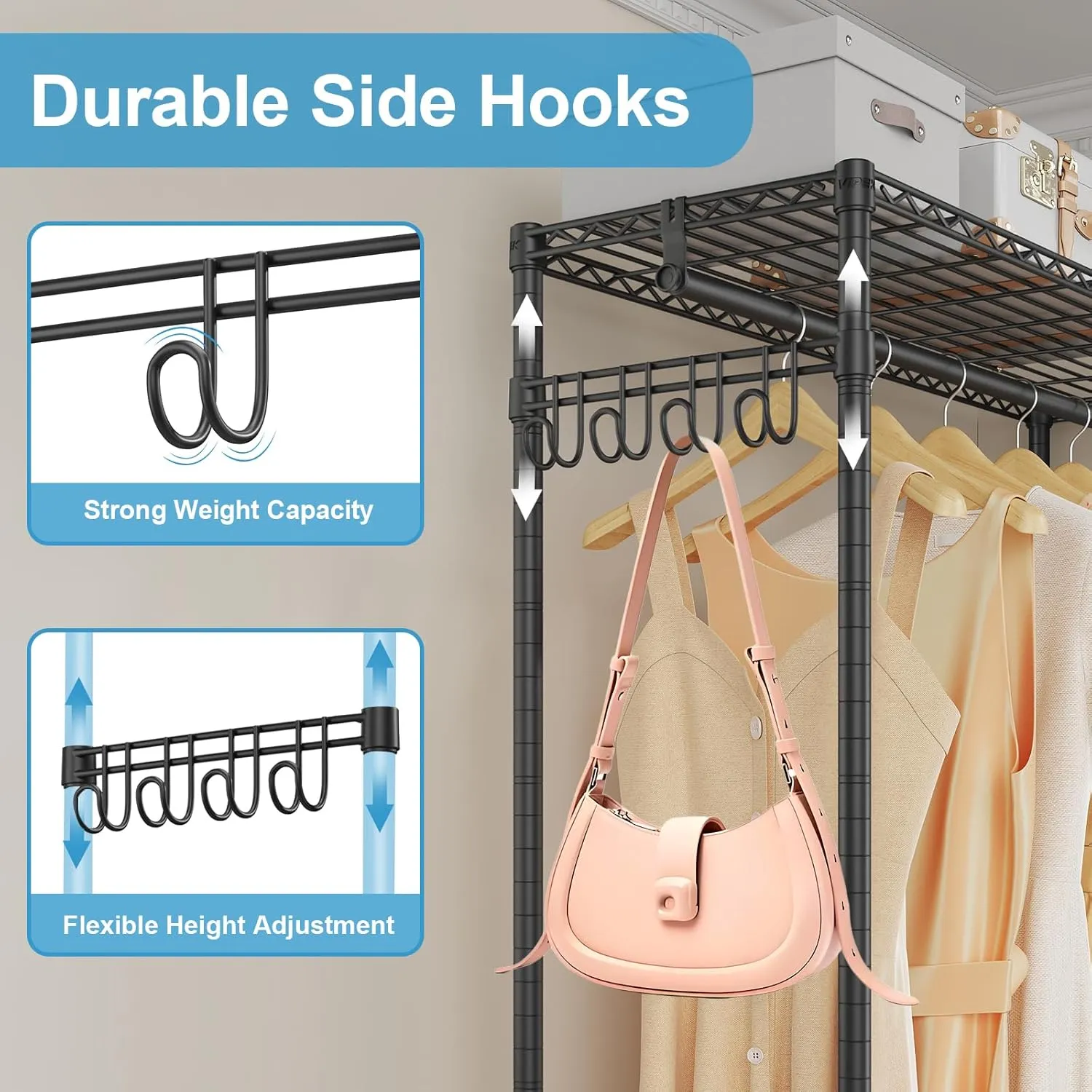 VIPEK R1LC Clothes Rack with Cover, Heavy Duty Garment Rack with Dimmable LED Lights, Rolling Portable Closet for Hanging Clothes Metal Clothing Rack with Wheels, Black Rack with Grey Cover