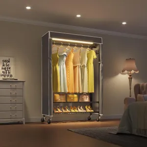 VIPEK R1LC Clothes Rack with Cover, Heavy Duty Garment Rack with Dimmable LED Lights, Rolling Portable Closet for Hanging Clothes Metal Clothing Rack with Wheels, Black Rack with Grey Cover
